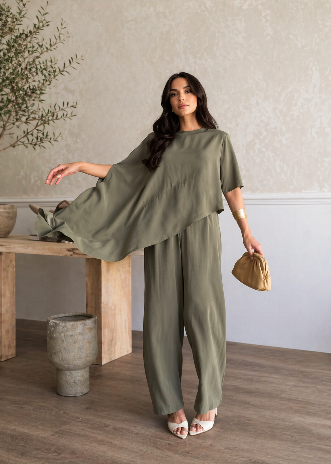 Olive Flow Asymmetrical Two-Piece Set | Draped Top & Wide-Leg Pants | AtikaStyle