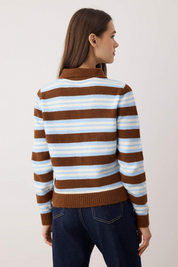 Brown Striped Knit Cardigan | Polo Collar, Long Sleeve, Wardrobe Essentials | AtikaStyle