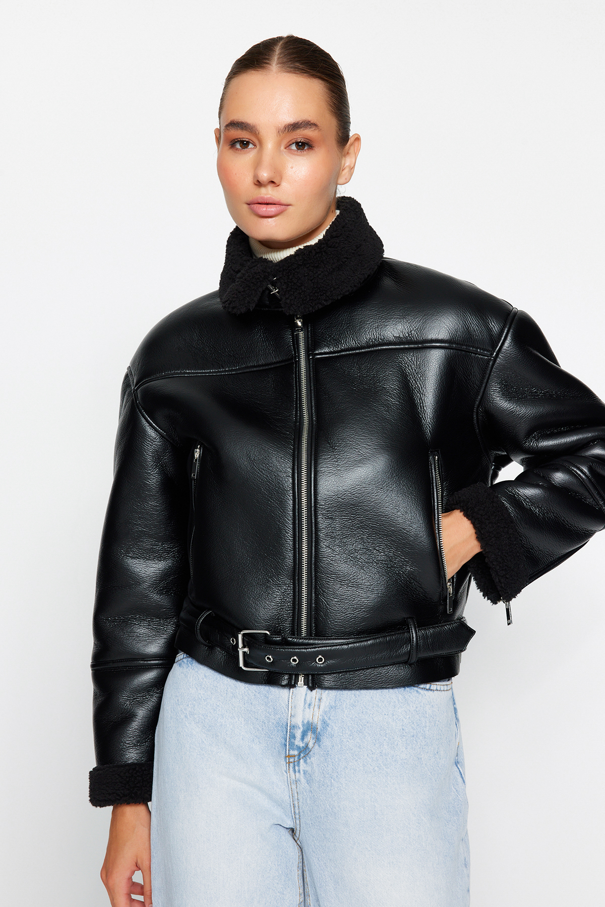 Black Faux Leather Biker Jacket | Plush Collar, Regular Fit | AtikaStyle