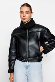 Black Faux Leather Biker Jacket | Plush Collar, Regular Fit | AtikaStyle