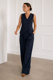 Navy Structured Tailored Vest & Wide Leg Pant Set | Asymmetrical Two-Piece Outfit | AtikaStyle