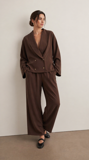 Chocolate Brown Draped Two-Piece Set | Wrap Blazer Top & Wide-Leg Trousers | AtikaStyle