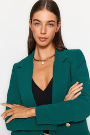 Emerald Oversize Woven Blazer | Lined Double‑Breasted Gold Buttons | AtikaStyle