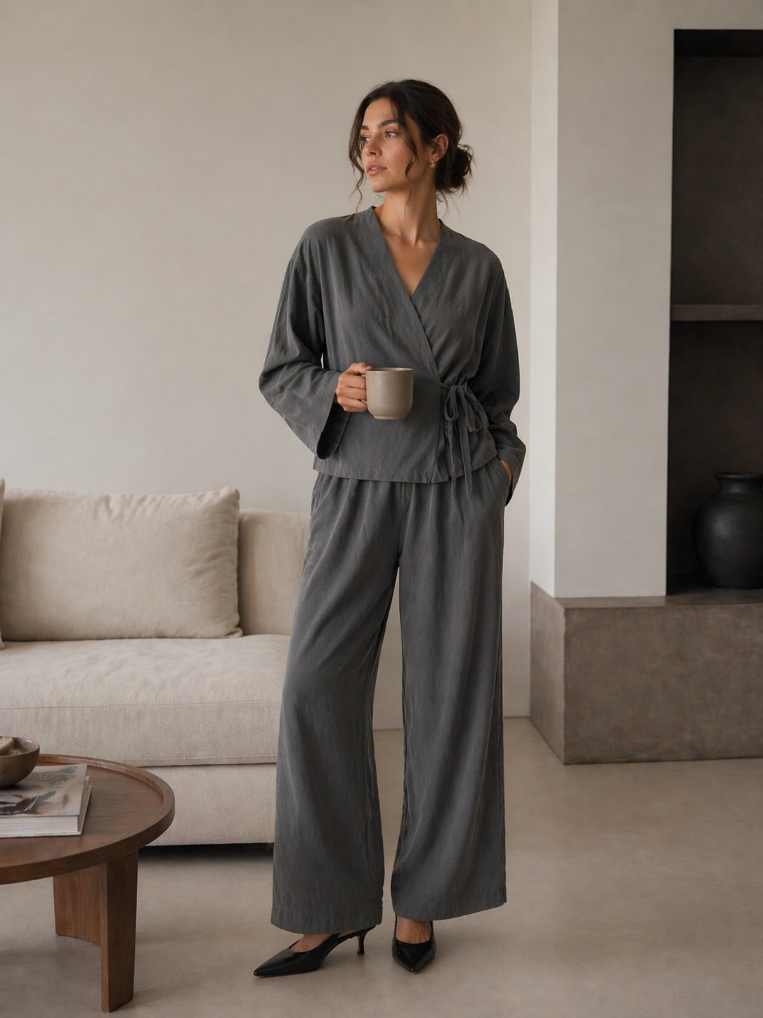 Charcoal Wrap Lounge Set | Relaxed Two-Piece Wide-Leg Outfit | AtikaStyle