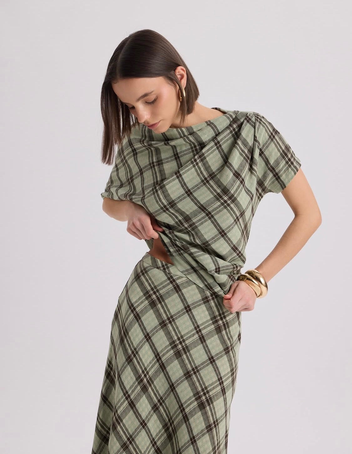 Sage Plaid Two-Piece Set | Draped Top & Maxi Skirt Matching Set | AtikaStyle