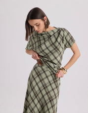 Sage Plaid Two-Piece Set | Draped Top & Maxi Skirt Matching Set | AtikaStyle