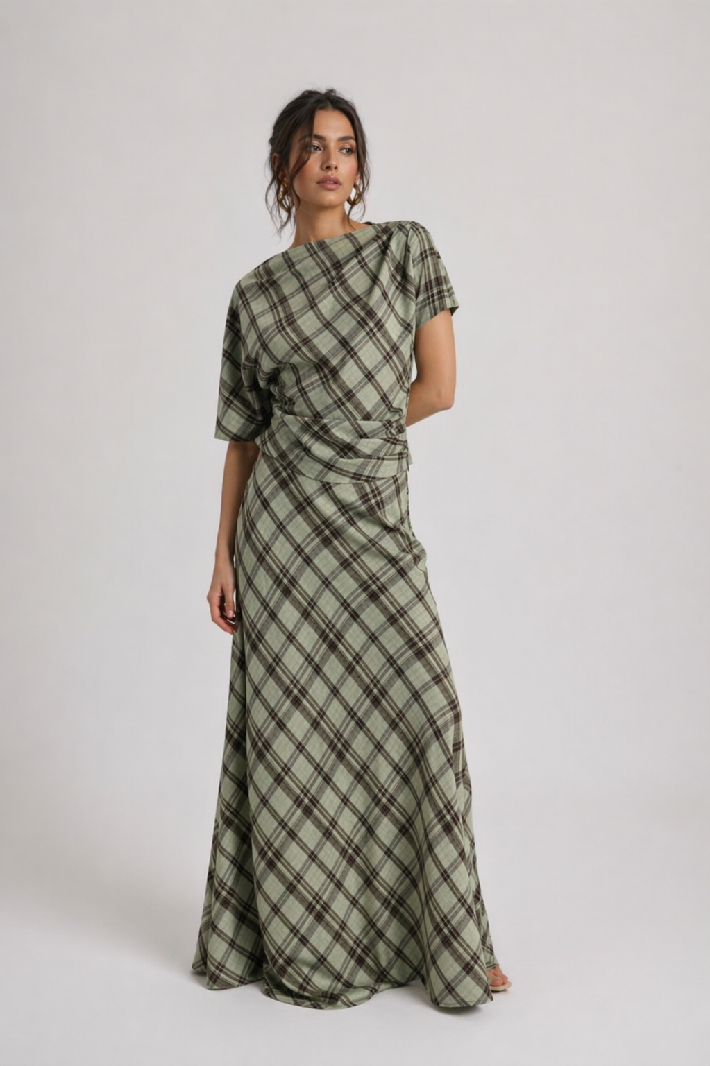 Sage Plaid Two-Piece Set | Draped Top & Maxi Skirt Matching Set | AtikaStyle