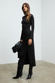 Black Knit Bodycon Maxi Dress | Long Sleeve, Side Slit | AtikaStyle
