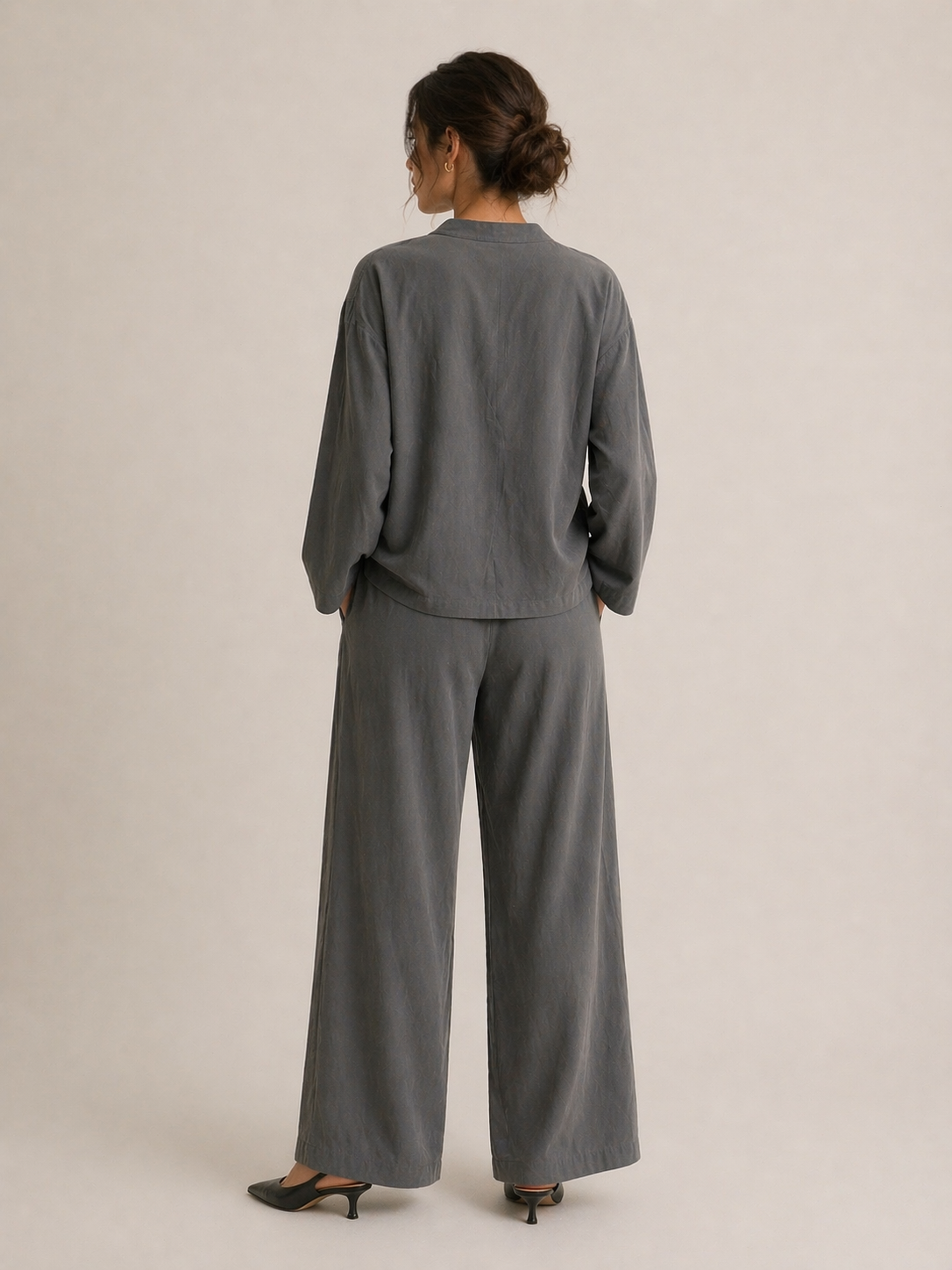 Charcoal Wrap Lounge Set | Relaxed Two-Piece Wide-Leg Outfit | AtikaStyle