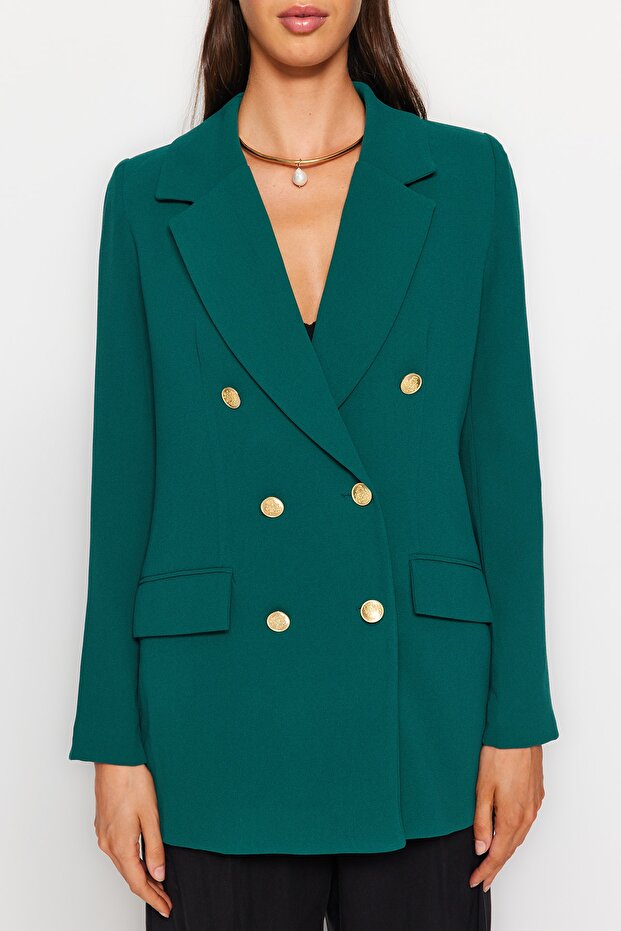 Emerald Oversize Woven Blazer | Lined Double‑Breasted Gold Buttons | AtikaStyle