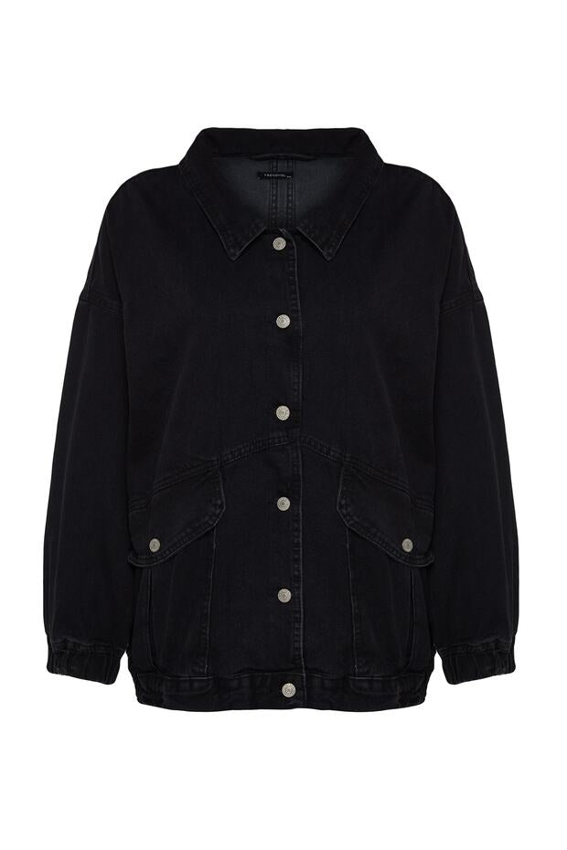 Black Oversize Denim Jacket | Pocket Detail | AtikaStyle