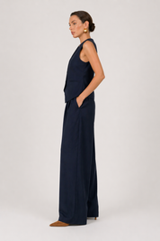 Navy Structured Tailored Vest & Wide Leg Pant Set | Asymmetrical Two-Piece Outfit | AtikaStyle