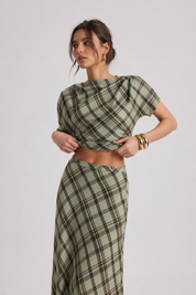 Sage Plaid Two-Piece Set | Draped Top & Maxi Skirt Matching Set | AtikaStyle