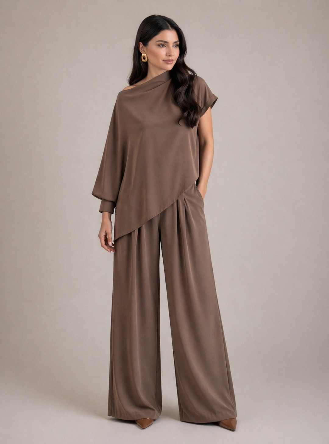 Mocha Satin Two Piece Set | Asymmetrical Draped Top & Wide-Leg Pants | AtikaStyle