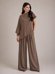 Mocha Satin Two Piece Set | Asymmetrical Draped Top & Wide-Leg Pants | AtikaStyle