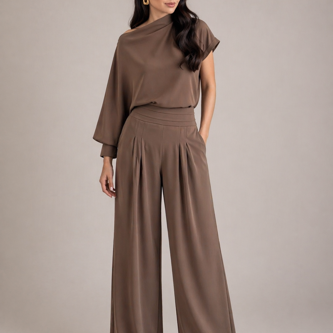 Woman wearing mocha satin two piece set with draped top and wide-leg pants chic evening outfit