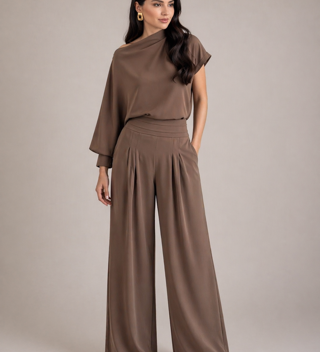Woman wearing mocha satin two piece set with draped top and wide-leg pants chic evening outfit