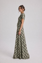 Sage Plaid Two-Piece Set | Draped Top & Maxi Skirt Matching Set | AtikaStyle