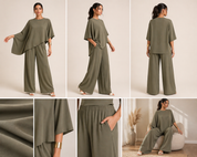 Olive Flow Asymmetrical Two-Piece Set | Draped Top & Wide-Leg Pants | AtikaStyle