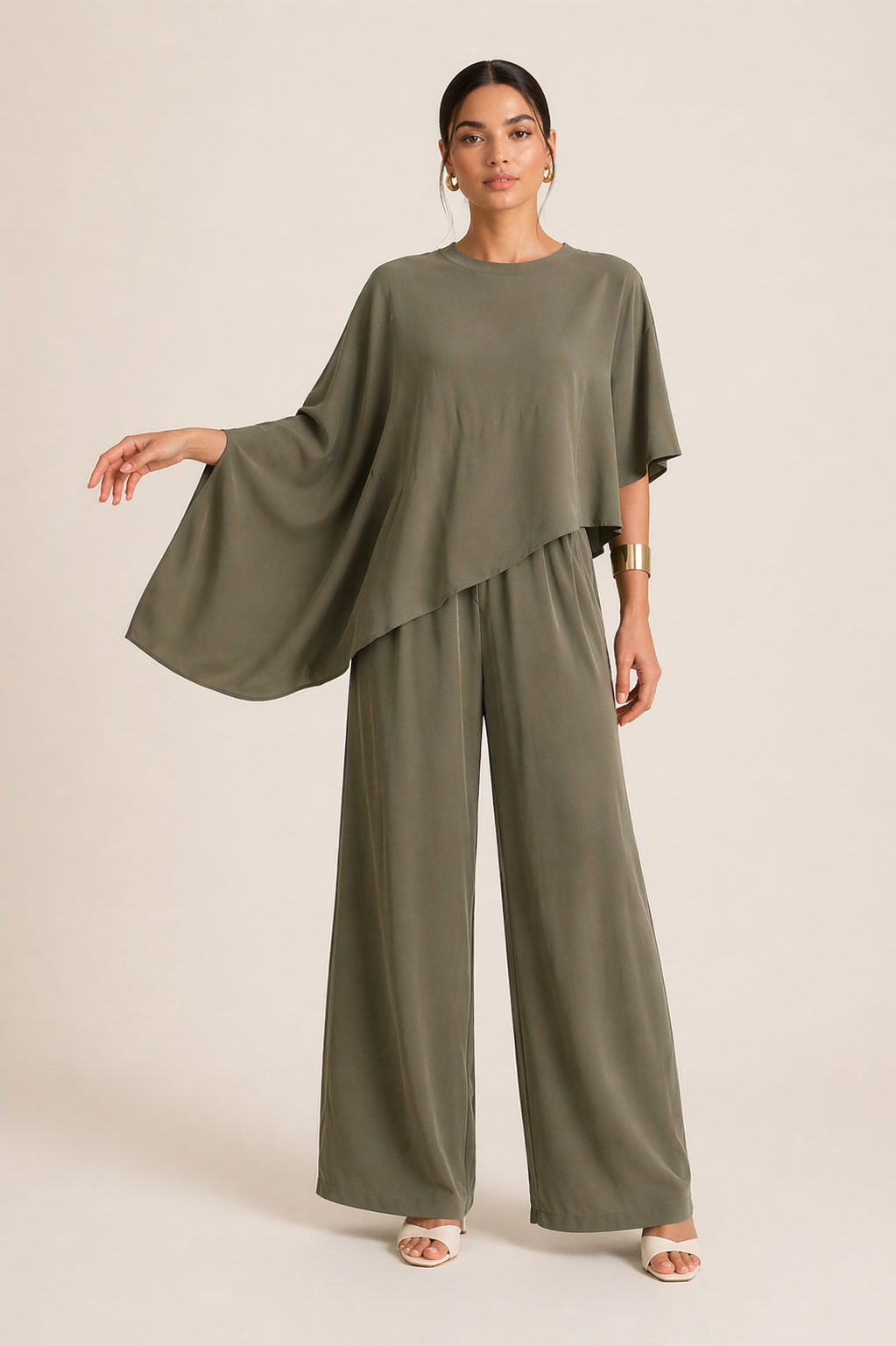 Olive Flow Asymmetrical Two-Piece Set | Draped Top & Wide-Leg Pants | AtikaStyle