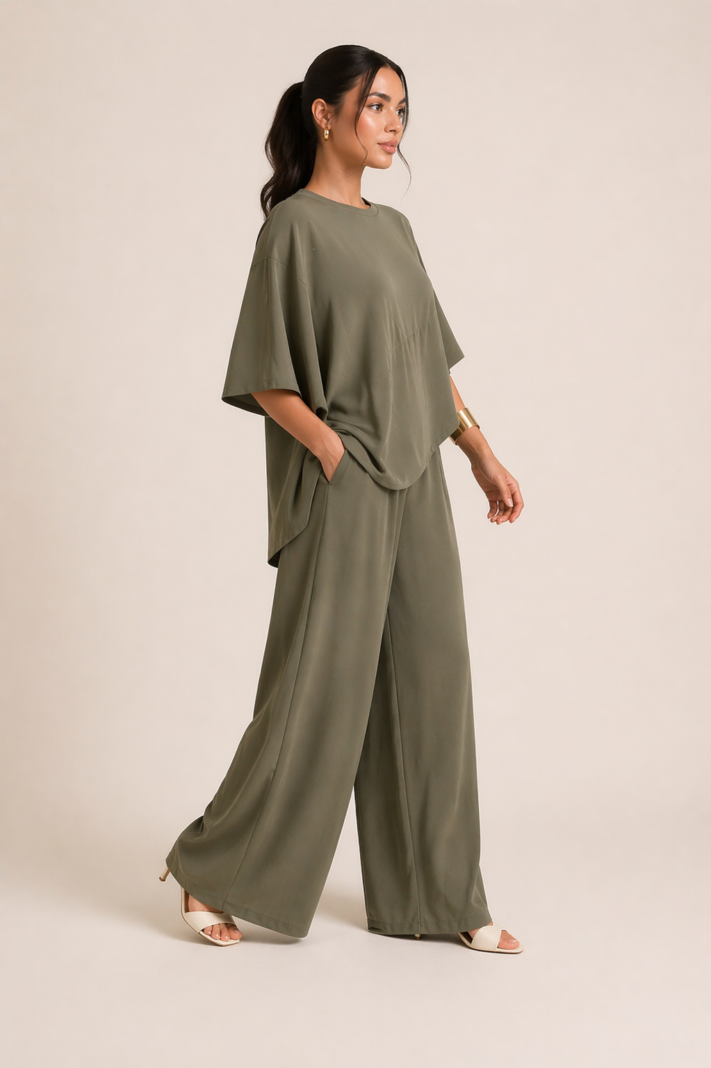 Olive Flow Asymmetrical Two-Piece Set | Draped Top & Wide-Leg Pants | AtikaStyle