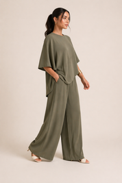 Olive Flow Asymmetrical Two-Piece Set | Draped Top & Wide-Leg Pants | AtikaStyle