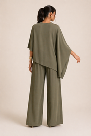 Olive Flow Asymmetrical Two-Piece Set | Draped Top & Wide-Leg Pants | AtikaStyle