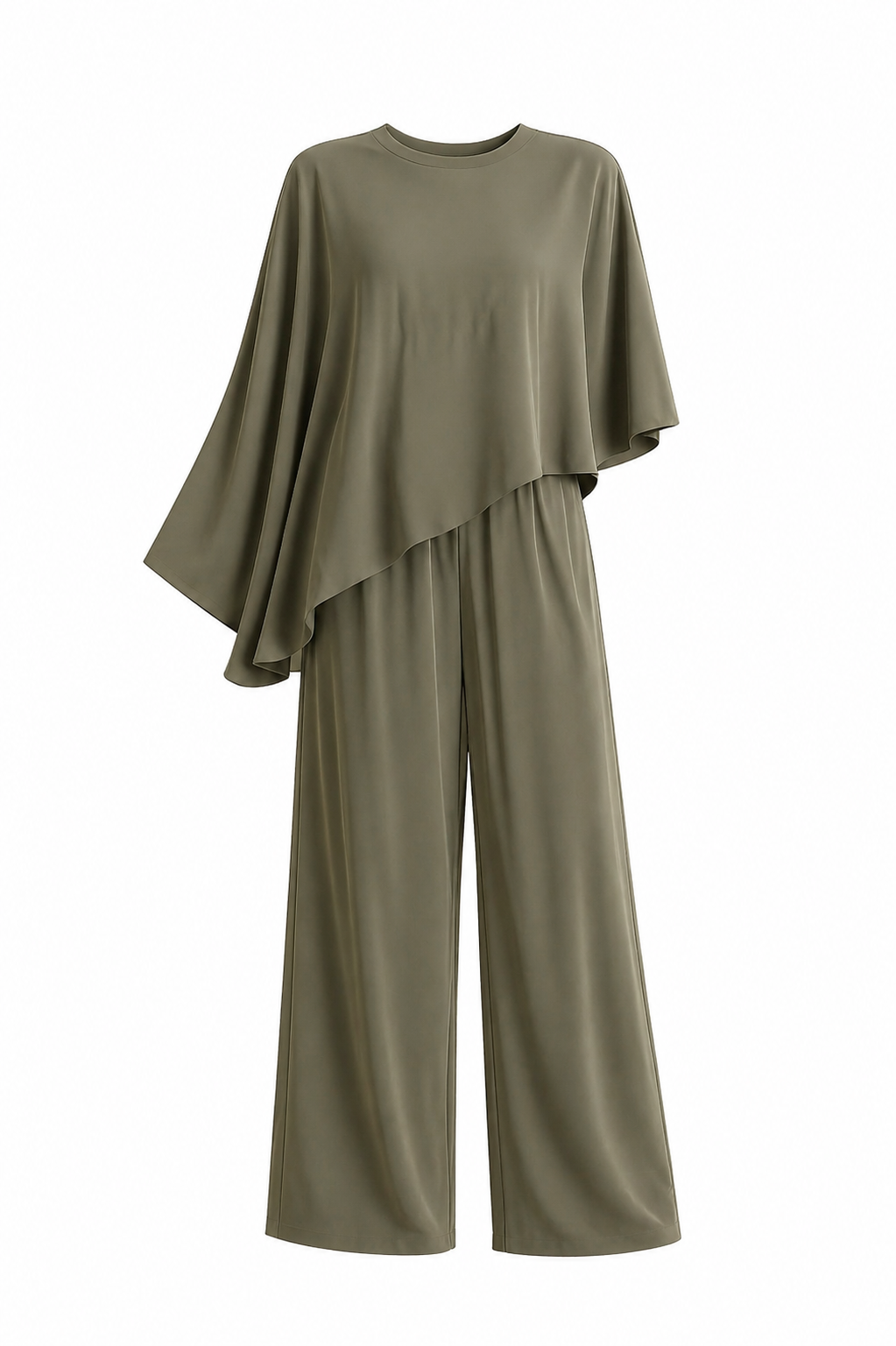 Olive Flow Asymmetrical Two-Piece Set | Draped Top & Wide-Leg Pants | AtikaStyle