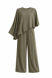 Olive Flow Asymmetrical Two-Piece Set | Draped Top & Wide-Leg Pants | AtikaStyle