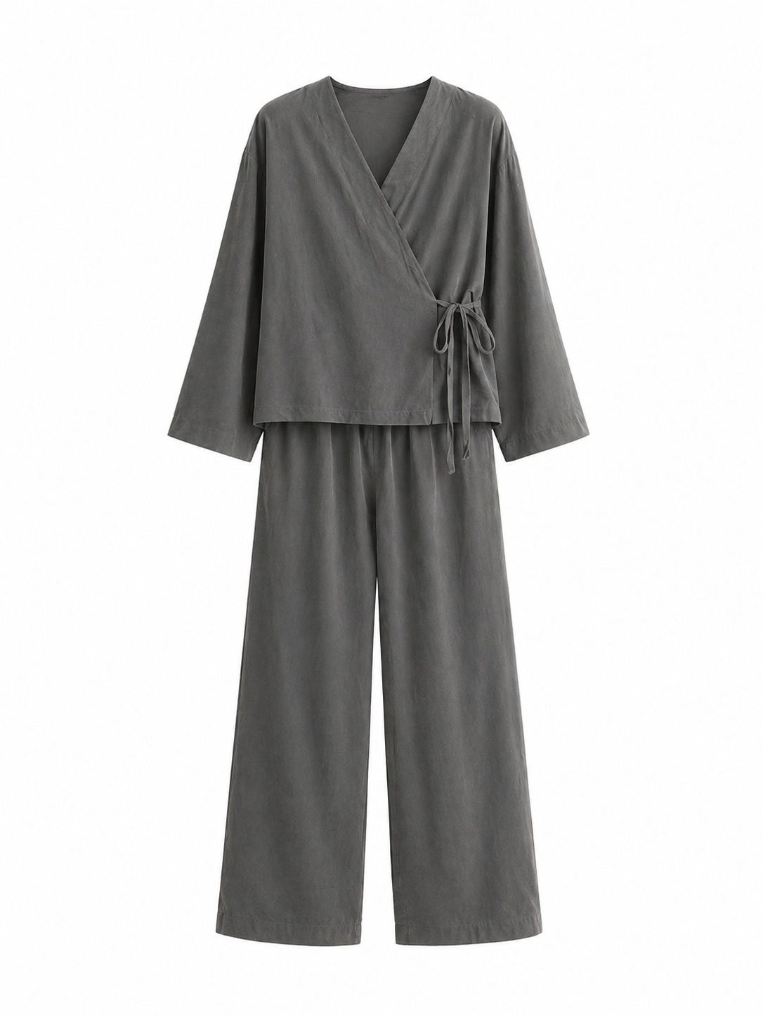 Charcoal Wrap Lounge Set | Relaxed Two-Piece Wide-Leg Outfit | AtikaStyle