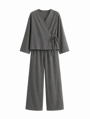 Charcoal Wrap Lounge Set | Relaxed Two-Piece Wide-Leg Outfit | AtikaStyle