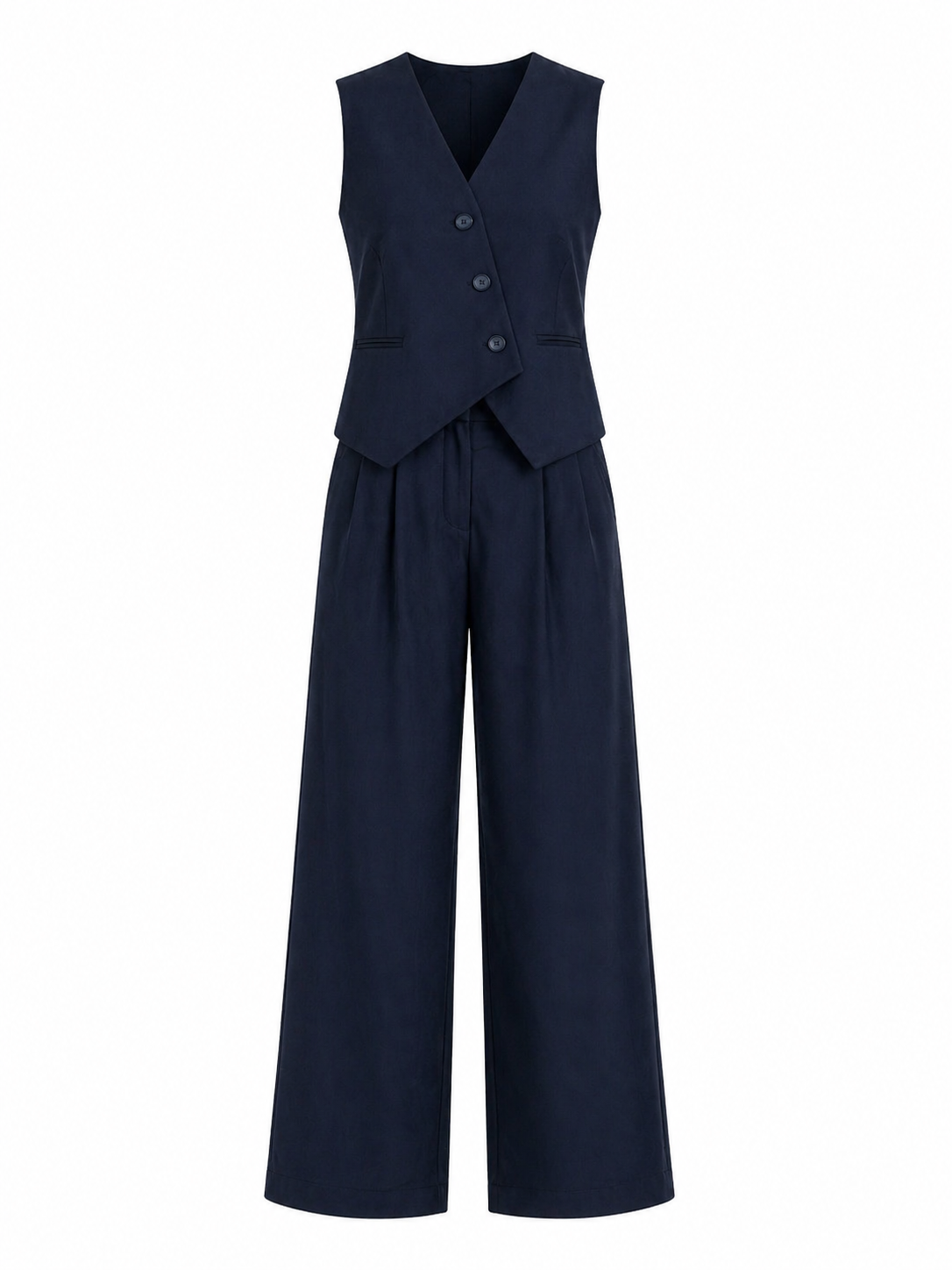 Navy Structured Tailored Vest & Wide Leg Pant Set | Asymmetrical Two-Piece Outfit | AtikaStyle