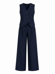 Navy Structured Tailored Vest & Wide Leg Pant Set | Asymmetrical Two-Piece Outfit | AtikaStyle