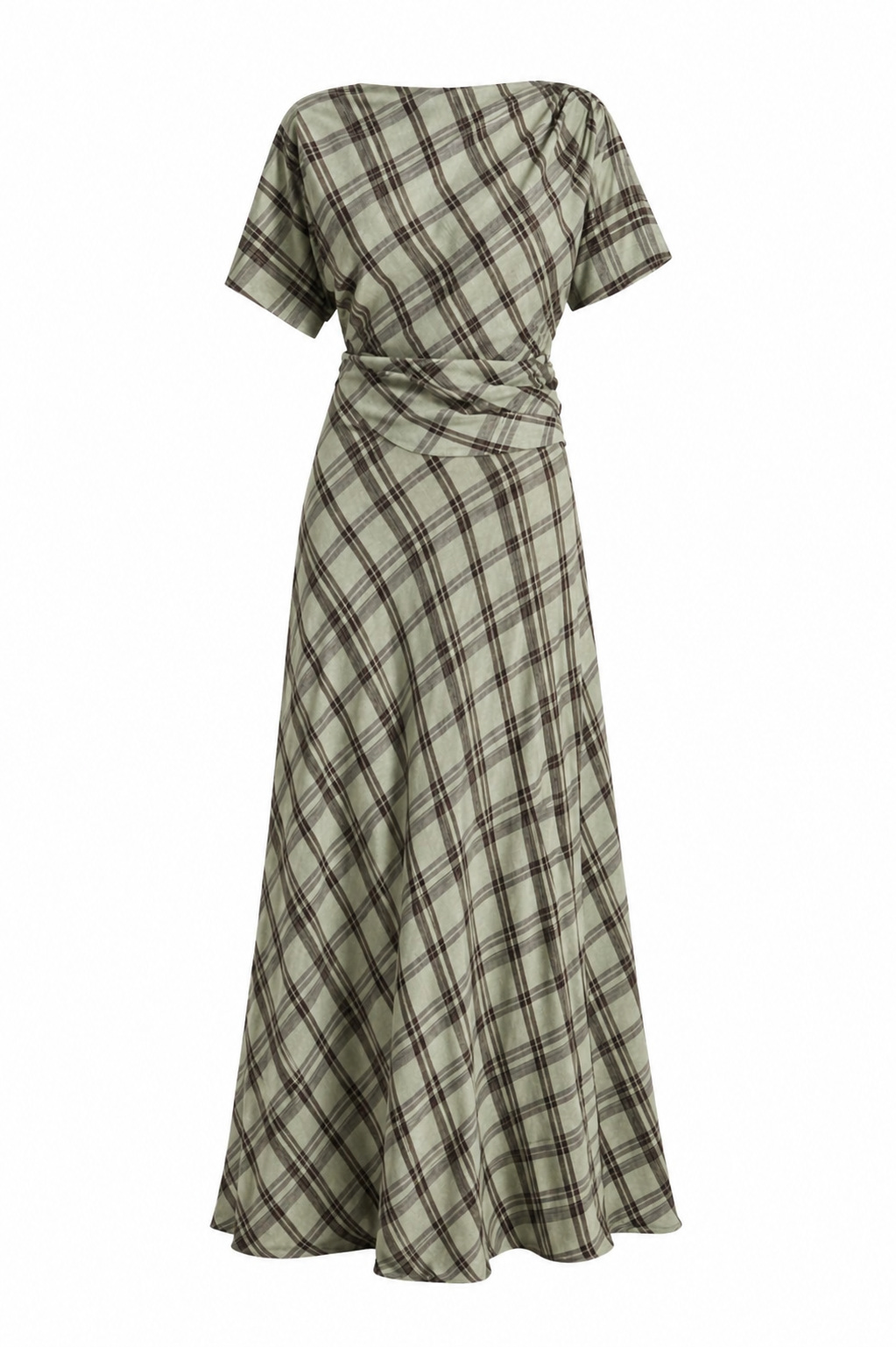 Sage Plaid Two-Piece Set | Draped Top & Maxi Skirt Matching Set | AtikaStyle