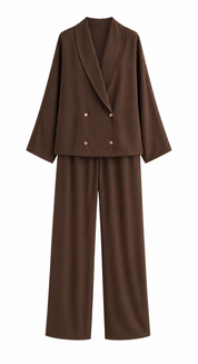 Chocolate Brown Draped Two-Piece Set | Wrap Blazer Top & Wide-Leg Trousers | AtikaStyle