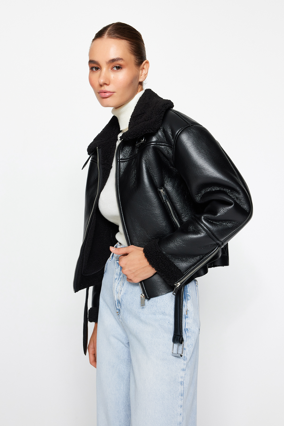 Black Faux Leather Biker Jacket | Plush Collar, Regular Fit | AtikaStyle