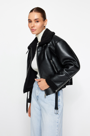 Black Faux Leather Biker Jacket | Plush Collar, Regular Fit | AtikaStyle