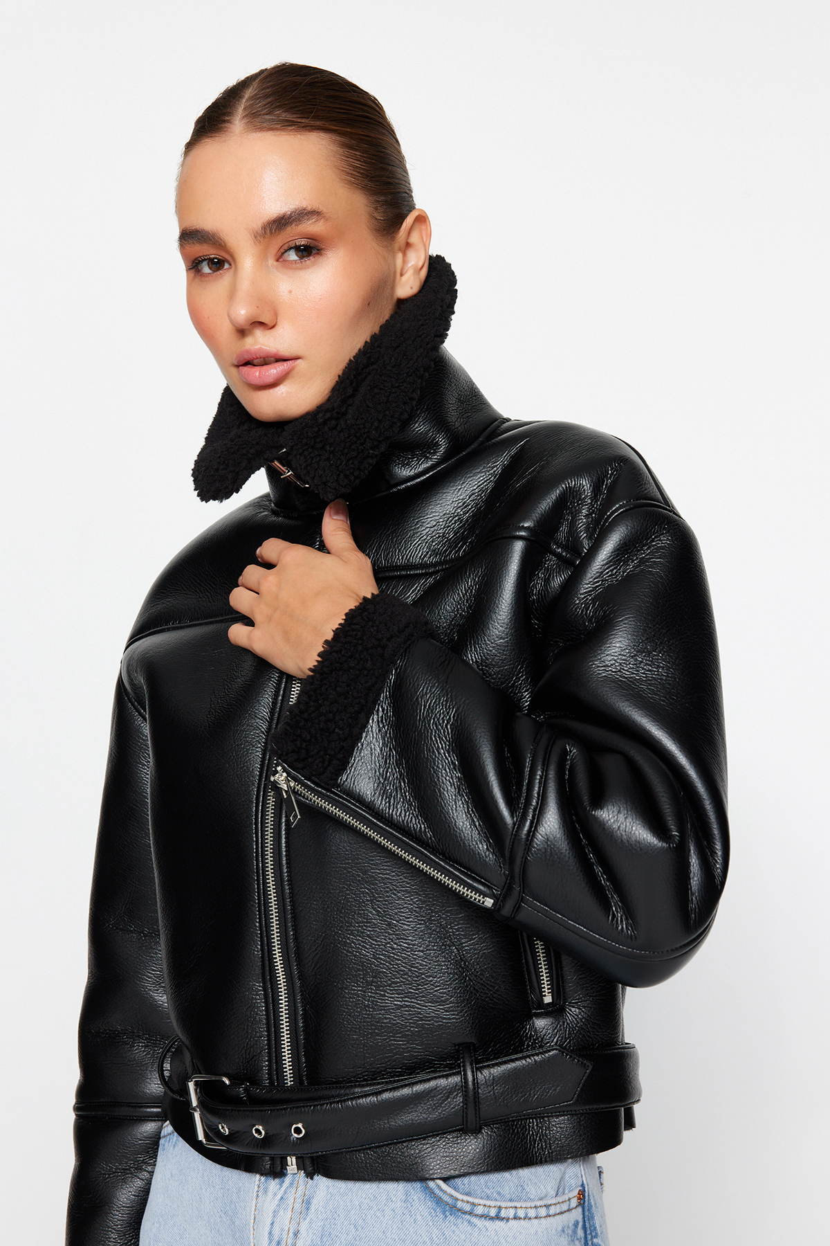 Black Faux Leather Biker Jacket | Plush Collar, Regular Fit | AtikaStyle