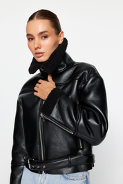 Black Faux Leather Biker Jacket | Plush Collar, Regular Fit | AtikaStyle