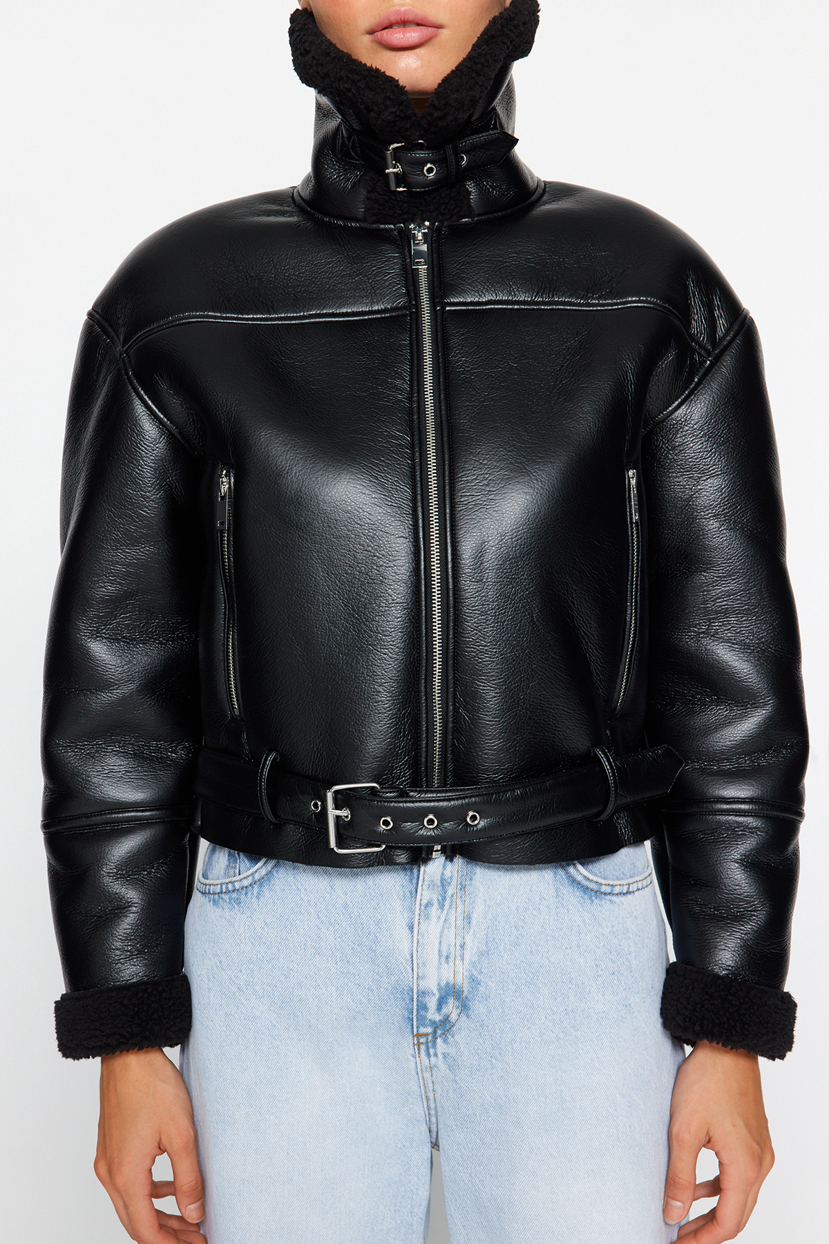 Black Faux Leather Biker Jacket | Plush Collar, Regular Fit | AtikaStyle