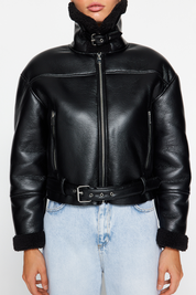 Black Faux Leather Biker Jacket | Plush Collar, Regular Fit | AtikaStyle