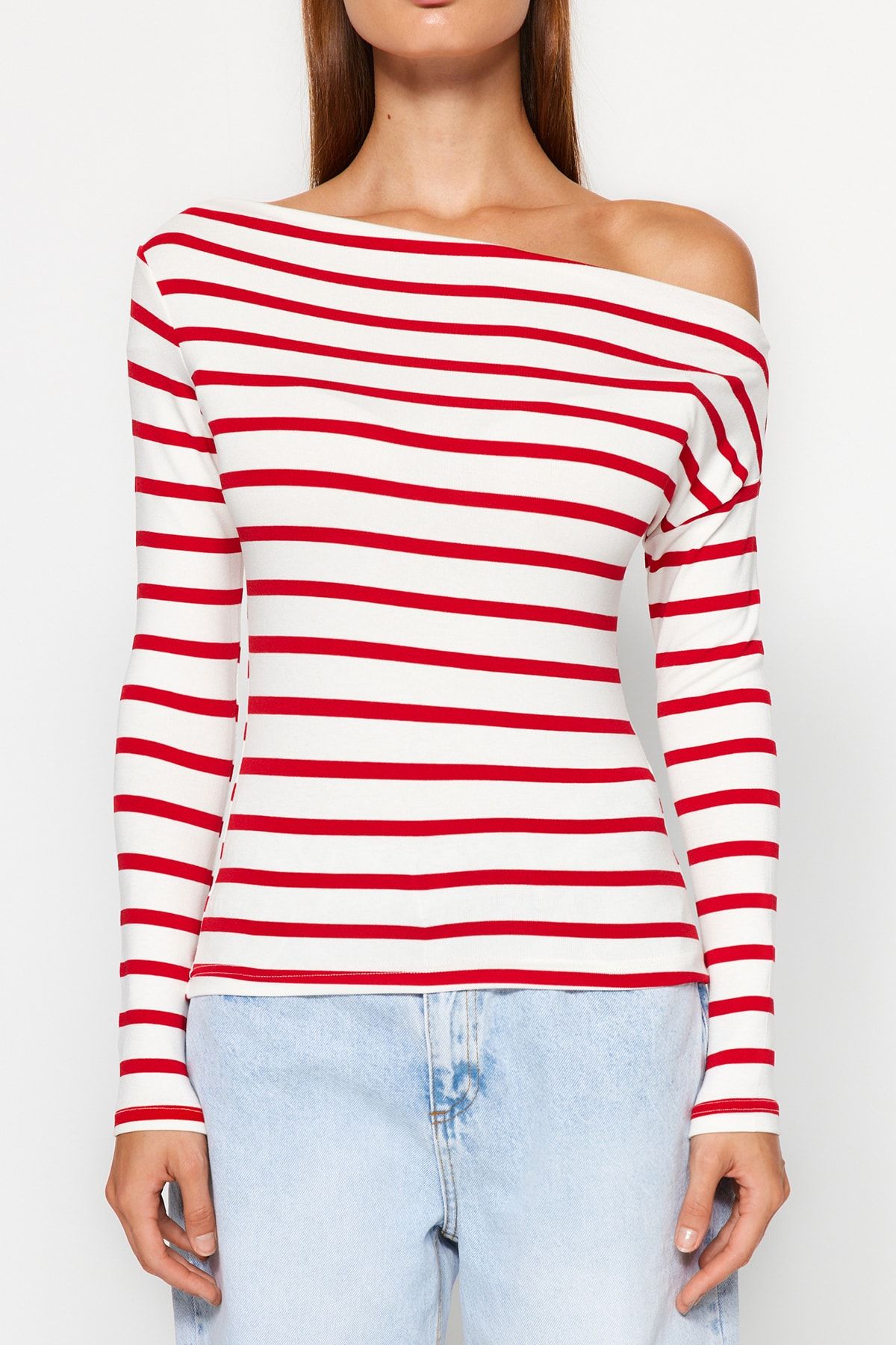 Chic Striped Off-Shoulder Long Sleeve Top – Nautical-Inspired