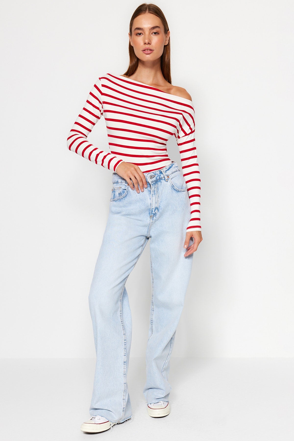 Chic Striped Off-Shoulder Long Sleeve Top – Nautical-Inspired