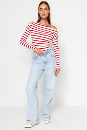 Chic Striped Off-Shoulder Long Sleeve Top – Nautical-Inspired