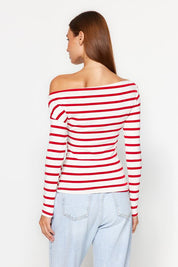 Chic Striped Off-Shoulder Long Sleeve Top – Nautical-Inspired