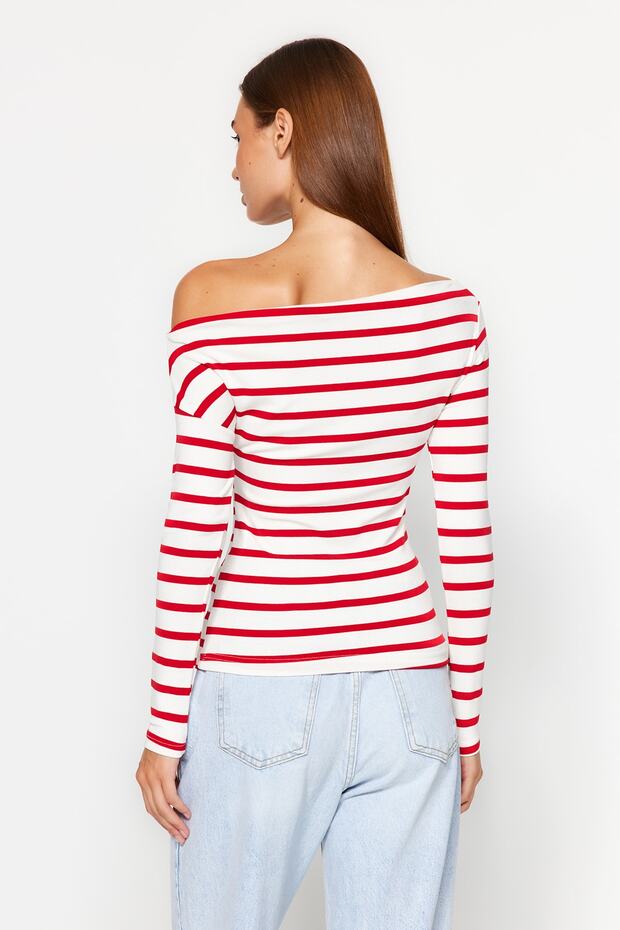 Chic Striped Off-Shoulder Long Sleeve Top – Nautical-Inspired