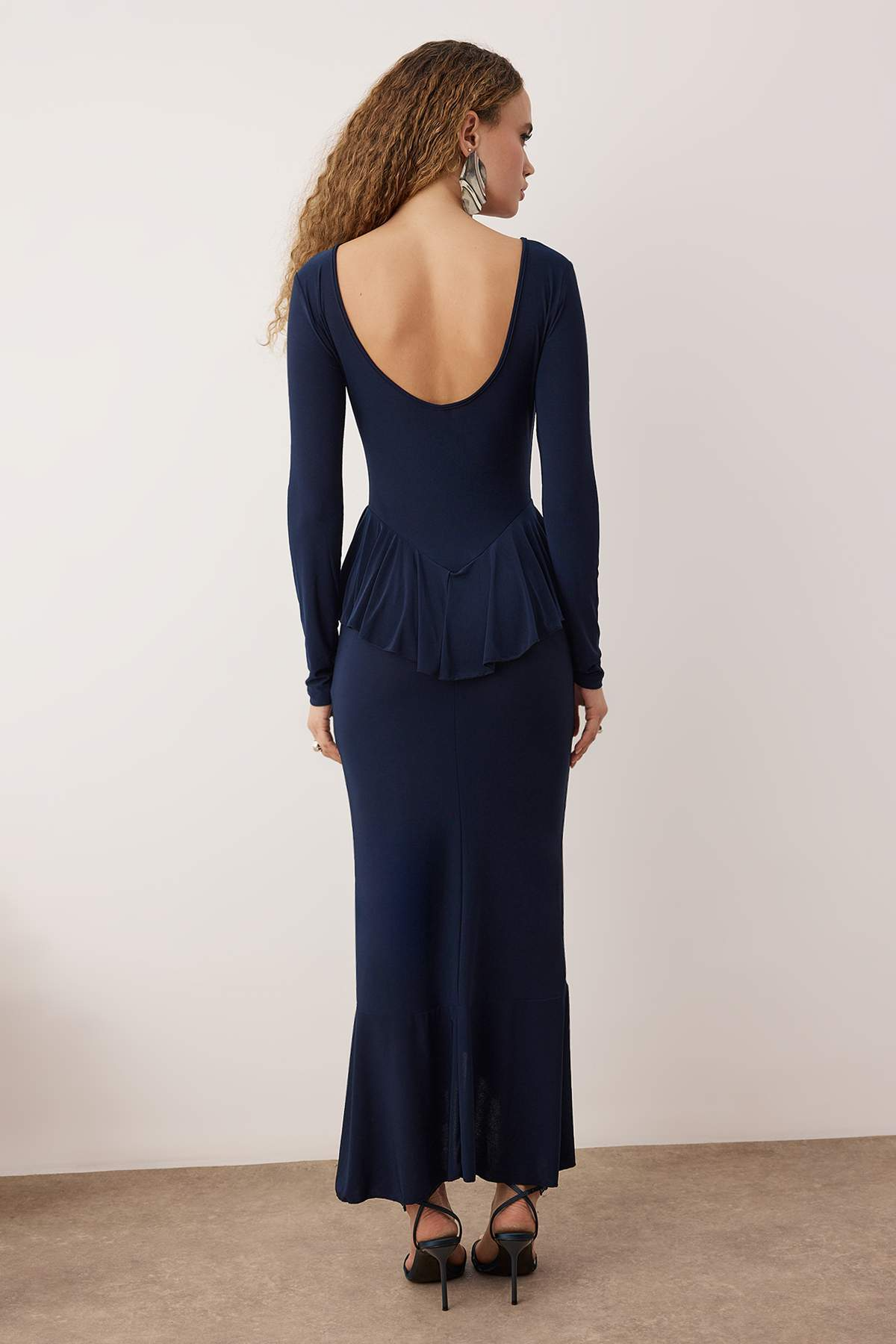 Navy Stretch Knit Maxi Evening Dress | Ruffle Peplum, Boat Neck, Long Sleeve | AtikaStyle
