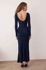 Navy Stretch Knit Maxi Evening Dress | Ruffle Peplum, Boat Neck, Long Sleeve | AtikaStyle