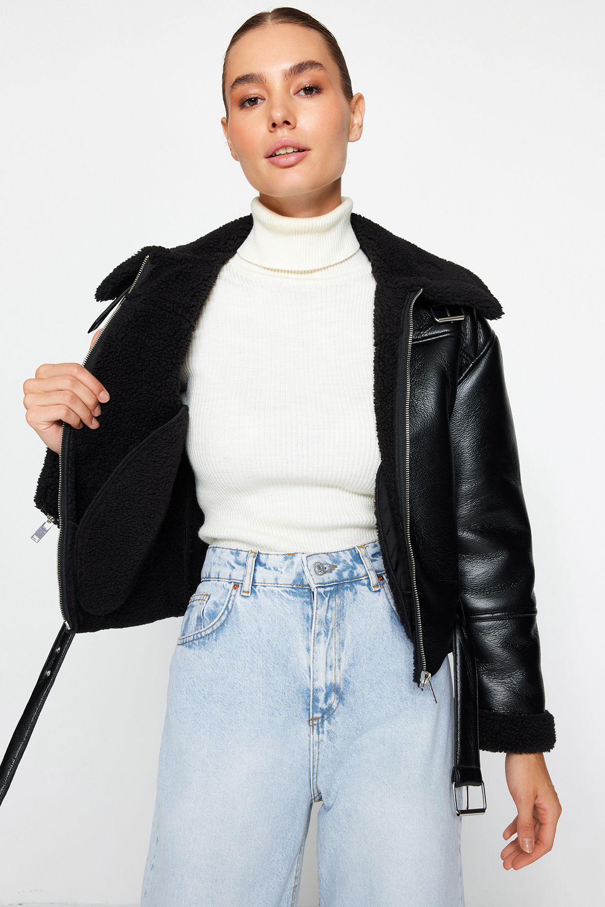 Black Faux Leather Biker Jacket | Plush Collar, Regular Fit | AtikaStyle