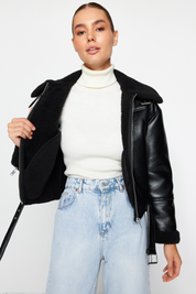 Black Faux Leather Biker Jacket | Plush Collar, Regular Fit | AtikaStyle